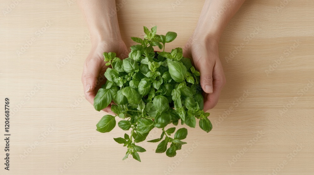 Nurturing Basil Plant with Careful Hands Home Garden Photography Natural Light Top-Down View Artisanal Approach