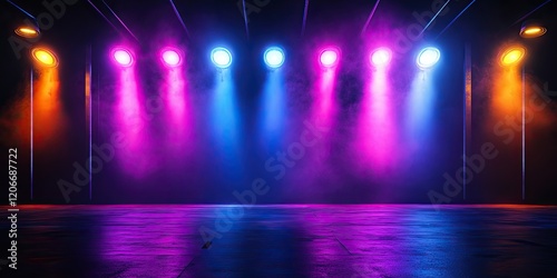 Wallpaper Mural Concert stage background with blue and purple lights. Empty concert floor at futuristic room Torontodigital.ca