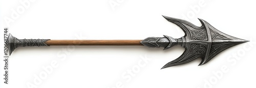 Ornate metal spearhead with wooden shaft isolated on white.