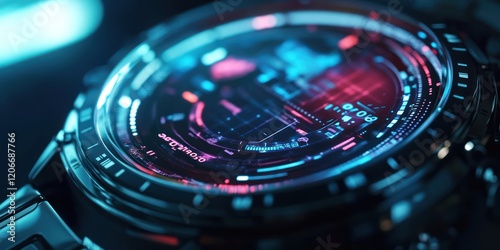 Wallpaper Mural Futuristic watch display, glowing interface, dark background, tech ad Torontodigital.ca