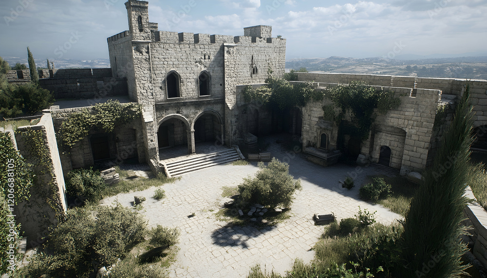Obraz premium Overgrown courtyard of an ancient stone castle, overlooking a scenic landscape. A tranquil scene of history and nature blending together.