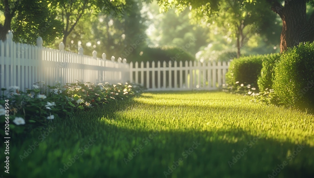 Fototapeta premium Sunlit garden path with white picket fence, lush green grass, and blooming flowers.
