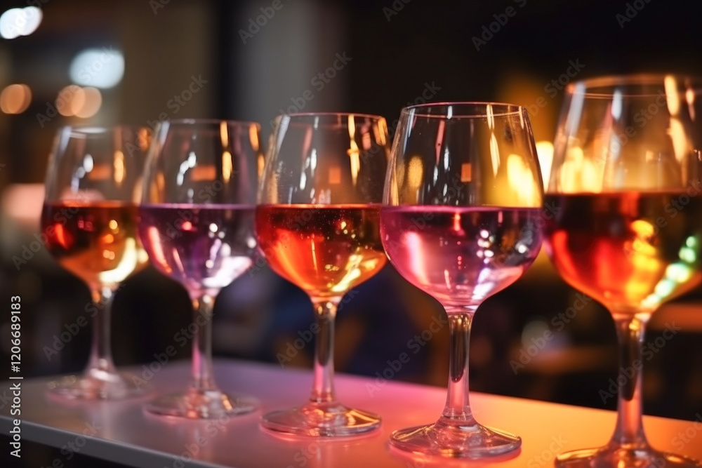 A row of wine glasses with different colored wine in them A row of wine glasses with different colored wine in them