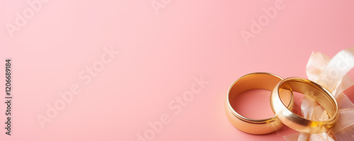 A couple of gold wedding rings are on a pink background