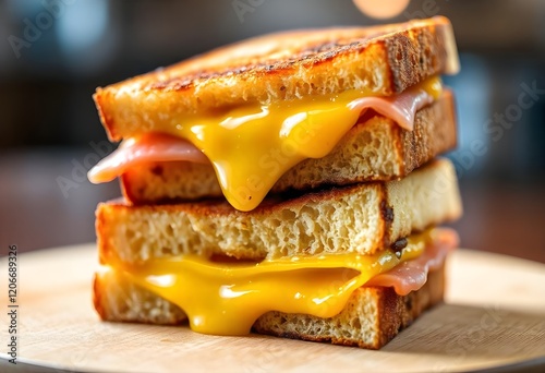 Grilled ham and cheese. Sandwich with cheese and ham on grill.
