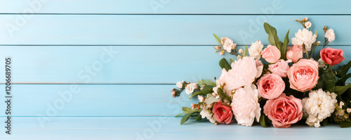 A bouquet of flowers is displayed on a blue background
