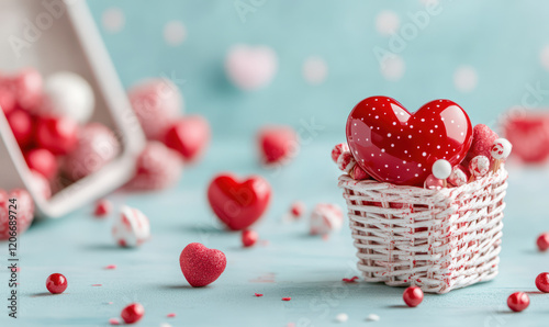 A basket of red hearts is on a blue background