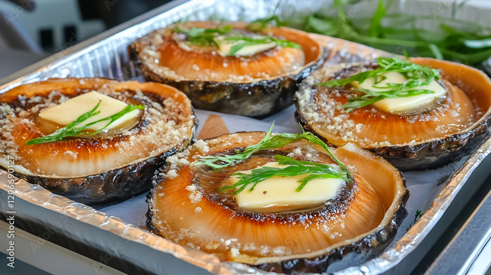 Baked mushrooms with butter and herbs in foil tray, close-up food photography for restaurant menu or cookbook Baked mushrooms with butter and herbs in foil tray, close-up food photography for restaurant menu or cookbook