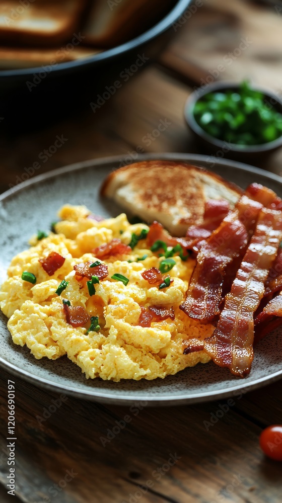 A delicious plate of fluffy scrambled eggs served with crispy toast and sizzling bacon, all beautifully arranged on a rustic wooden kitchen table, perfect for a hearty breakfast or brunch. A delicious plate of fluffy scrambled eggs served with crispy toast and sizzling bacon, all beautifully arranged on a rustic wooden kitchen table, perfect for a hearty breakfast or brunch.