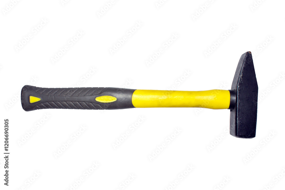 A hammer with a colored rubberized handle.A hammer on a white background.A construction hammer. A hammer with a colored rubberized handle.A hammer on a white background.A construction hammer.