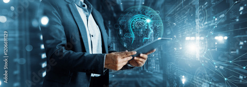 AI, Artificial Intelligence. Machine learning, Chatbot, Businessman using AI technology for data analysis business, coding computer language with digital brain. photo
