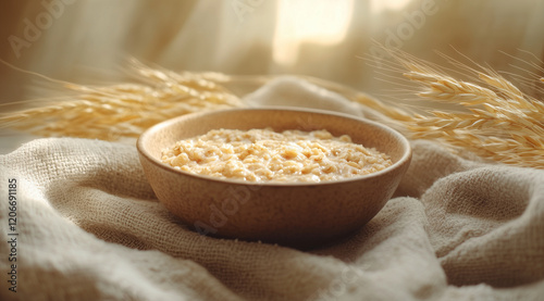 Bowl of oatmeal in a bowl and spikelets on a beige cloth close up, created with Generative AI technology photo