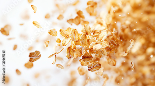 Falling oatmeal flakes on a light background, created with Generative AI technology photo