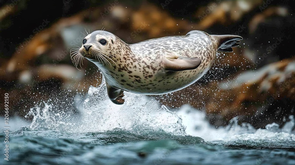 Obraz premium A playful seal diving into the ocean from a rocky shoreline, its body curved in mid-air with water splashing