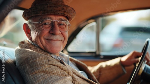 A Smiling Senior Citizen in His Classic Car photo