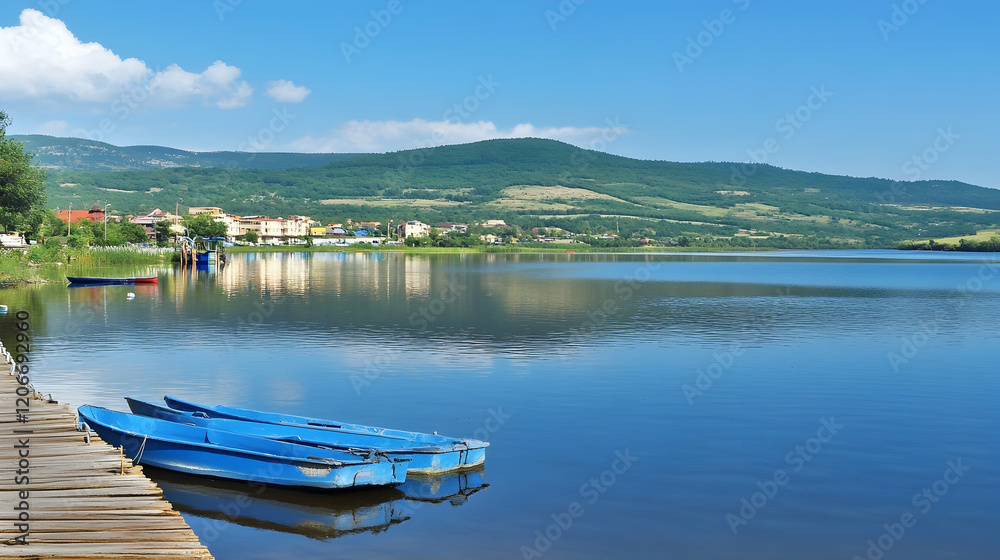 Calm lake with blue boats, houses, and mountains in background; idyllic summer scene for travel brochures Calm lake with blue boats, houses, and mountains in background; idyllic summer scene for travel brochures