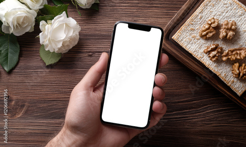 A man holds a cell phone with an empty screen against the background of a wooden table with white roses, walnuts and matzo. Phone mockup. Mobile app advertising. A traditional Jewish holiday photo