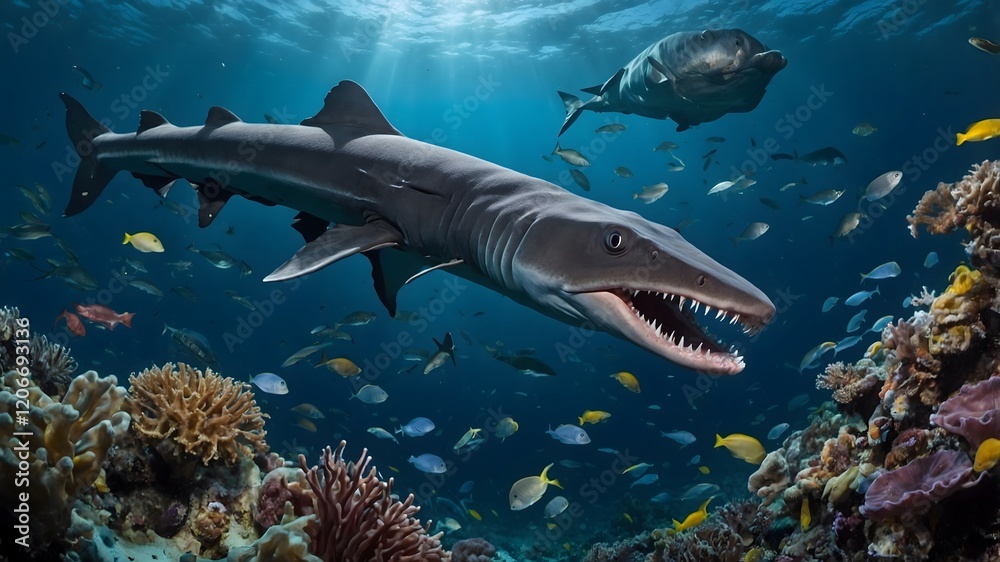 Fototapeta premium Bio luminescent Ecosystem: Frilled Shark and Deep-Sea Creatures in Harmony