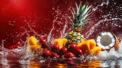 Tropical Fruit Splash: A Vibrant Pineapple, Mango, Strawberry, and Coconut Symphony