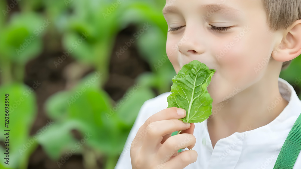 Child smelling fresh leaf in garden, plants in background, healthy eating concept, stock photo Child smelling fresh leaf in garden, plants in background, healthy eating concept, stock photo