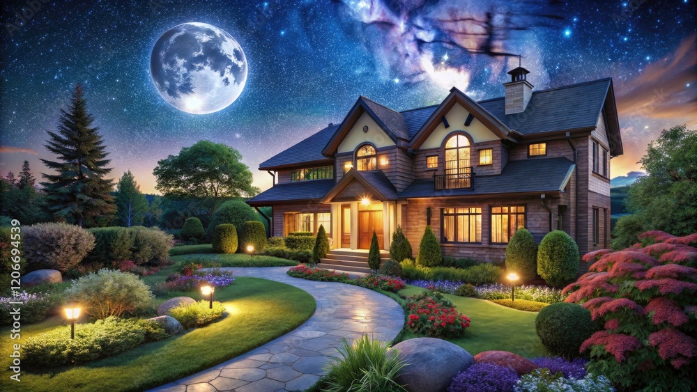 Obraz premium Panoramic night photography captures a beautiful, residential masterpiece: Moonlight Mansion.