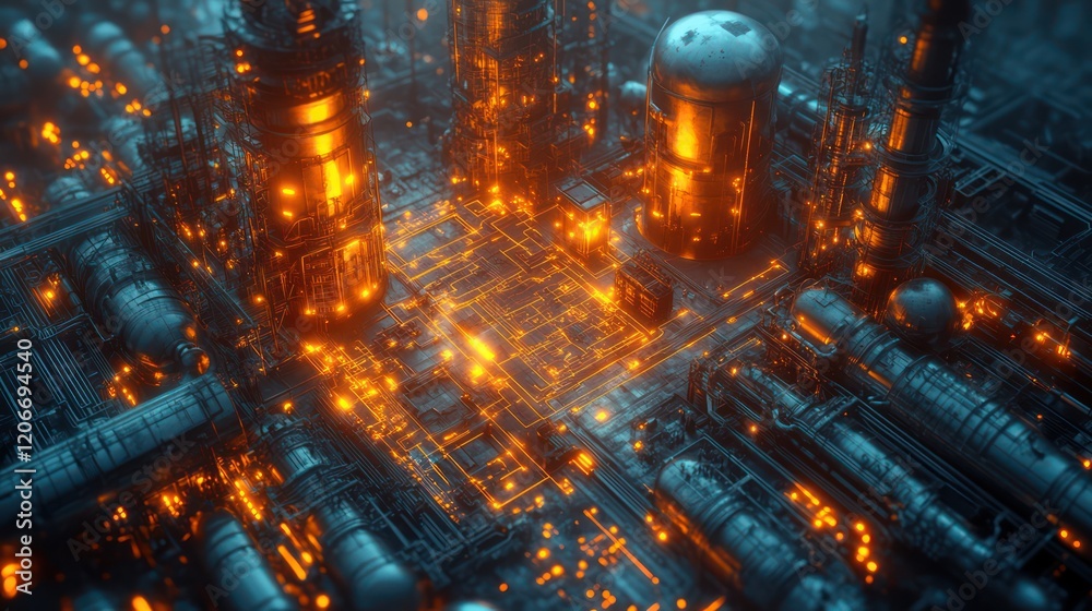 Obraz premium Cyberpunk Refinery: A Futuristic Industrial Landscape