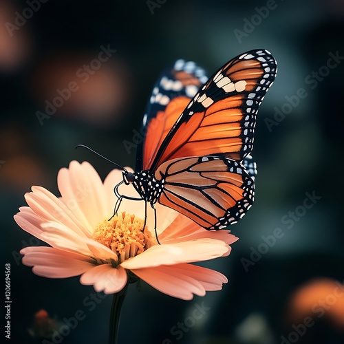 Macro shot of butterfly on a blooming flower. photo