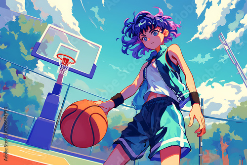 Young athlete dribbling a basketball on an outdoor court under a bright blue sky with trees