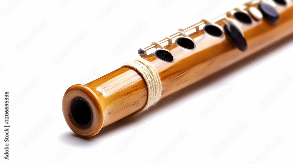 Fototapeta premium Close-up of a wooden flute isolated on white background, ideal for musical instrument websites or educational materials