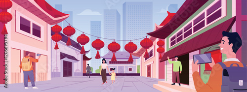 Vector of Vibrant Chinese street with traditional houses, lanterns and tourists.