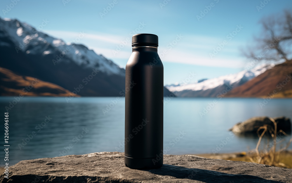reusable thermo water bottle with a lake in the background, outdoor concept reusable thermo water bottle with a lake in the background, outdoor concept