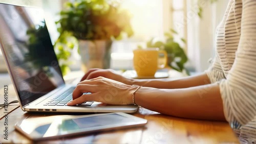 Close up of hands typing on a laptop