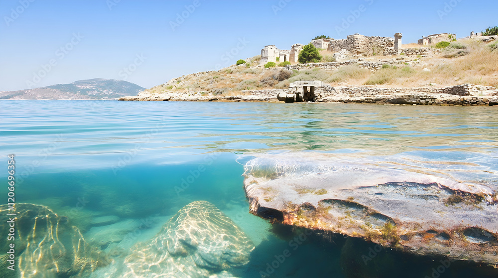Obraz premium Coastal Ruins Turquoise waters lap against ancient stone ruins on a sunny day, idyllic background for travel brochures