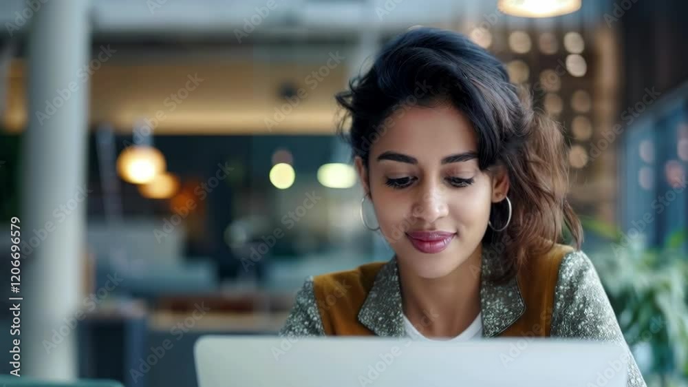Editorial eyelevel shot of an attractive indian woman in her late thirties working on laptop inside modern office Editorial eyelevel shot of an attractive indian woman in her late thirties working on laptop inside modern office
