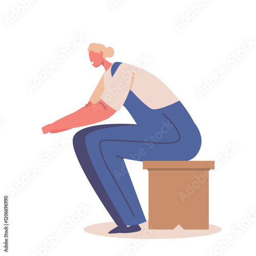 Female Character Wearing Work Overalls Sits On A Stool, Intently Focused On Her Task, Confident Woman In Blue Robe