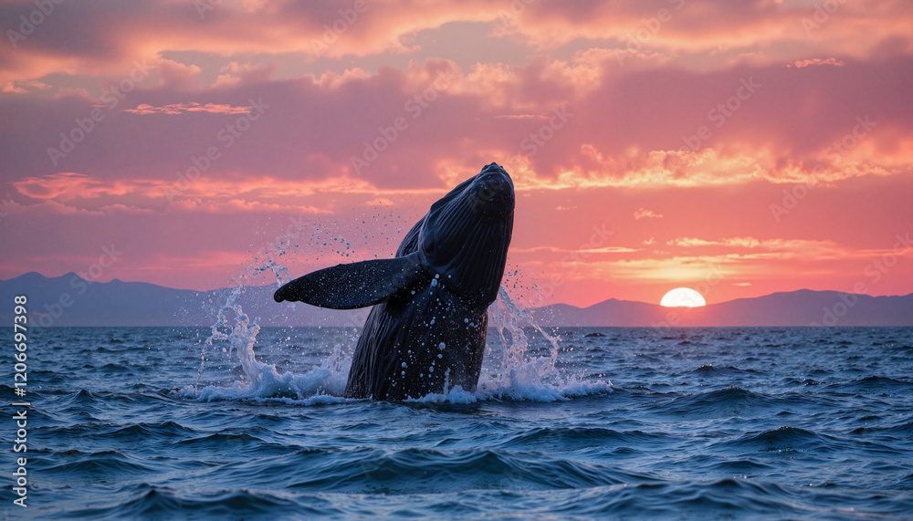 Fototapeta premium Humpback whale breaching at sunset over the ocean, wildlife magnificence