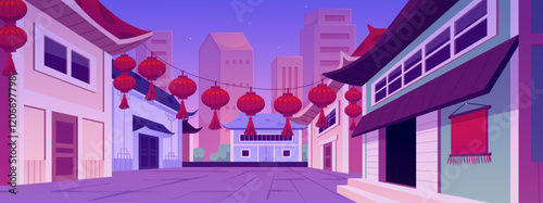 Illustration depicting Evening cityscape of Chinese street with houses, road, and festive lanterns.
