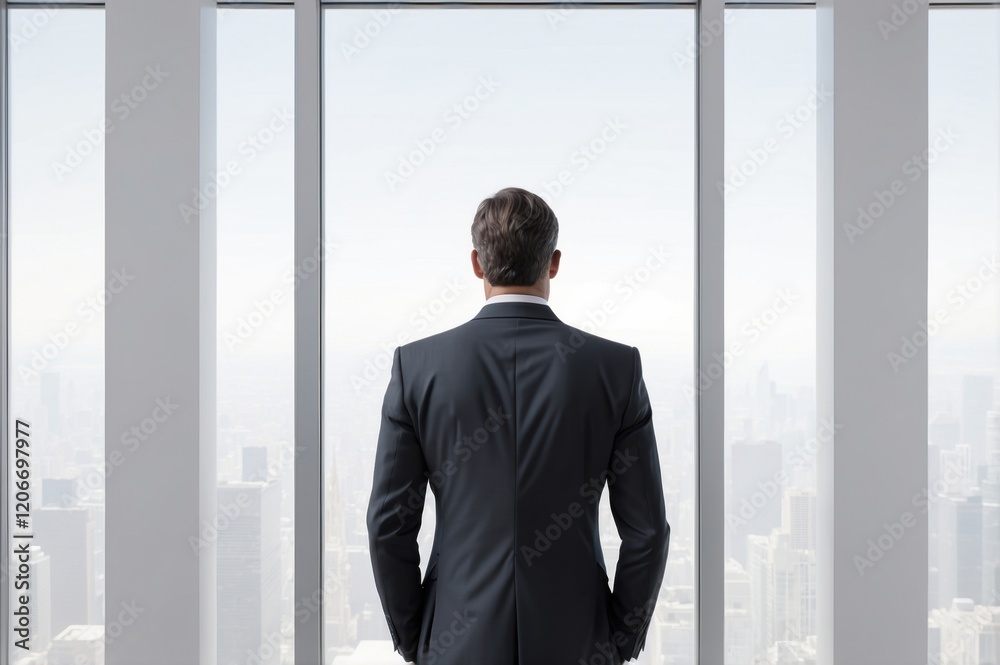 Fototapeta premium Businessman looking out cityscape window.