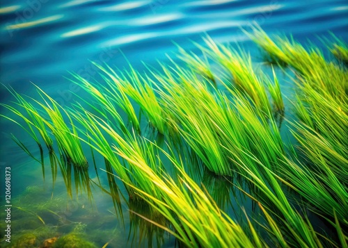 Serene water grass: minimalist photography, showcasing close-up macro shots against simple green. photo