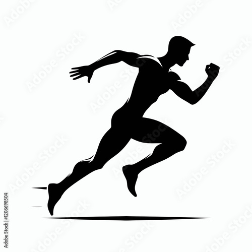Sprinting with full stride silhouette in black on a white background