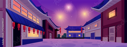 Illustration of Chinese street at night with architectural houses, festive lanterns and fireworks.