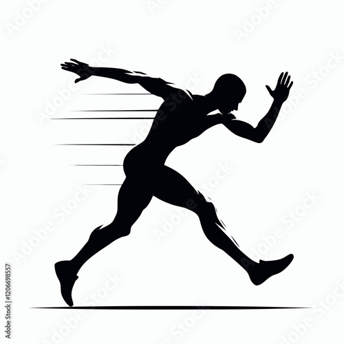 Sprinting with full stride silhouette in black on a white background
