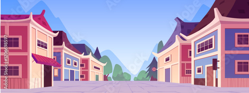 Illustration of Chinese street with traditional houses along the road against mountain landscape.