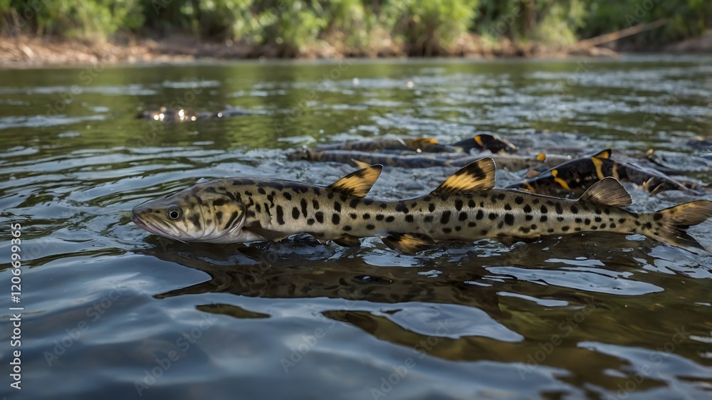 Fototapeta premium Tiger Shovel nose Catfish Among Other Catfish Species in River Habitat