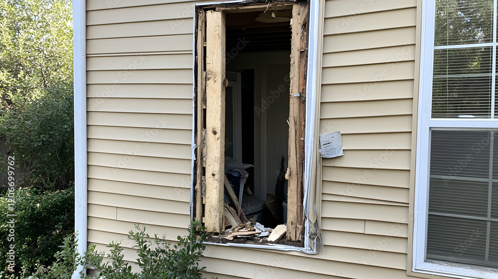 Fototapeta premium Damaged exterior door frame, home renovation, debris inside, siding visible, for insurance claims