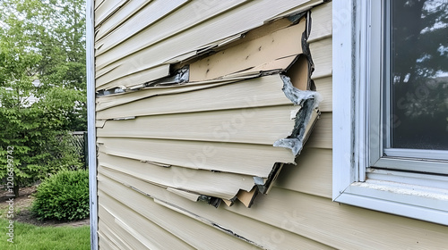 Damaged beige vinyl siding on house exterior near window, backyard visible. Home repair, insurance claim image