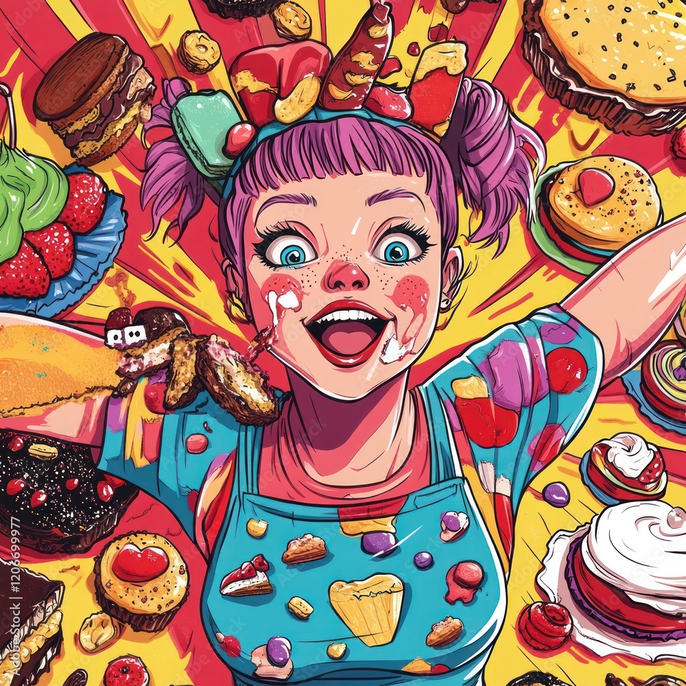Joyful baker amidst pastry explosion, bakery Joyful baker amidst pastry explosion, bakery