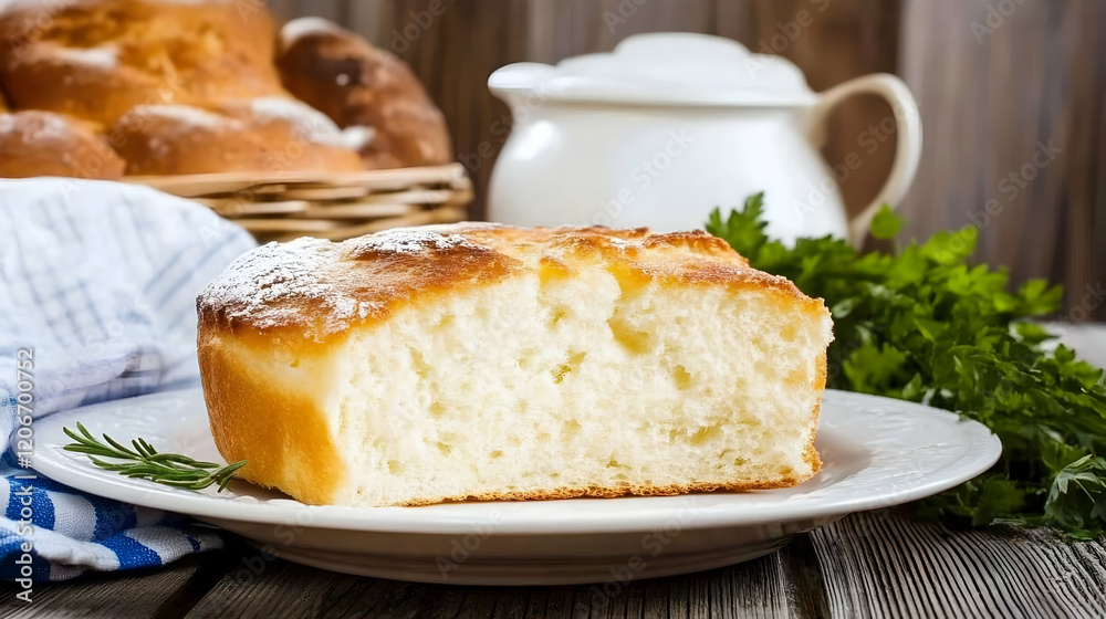 Delicious homemade rustic cake slice on plate, bread basket background, rustic kitchen setting, perfect for food blogs