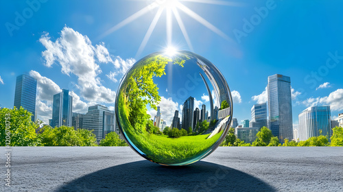 Eco-friendly city skyline reflected in sphere, sunny day