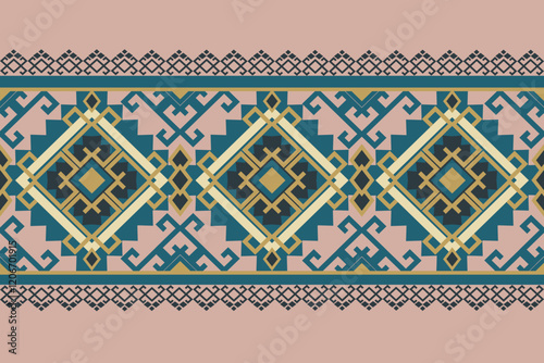 Seamless Bohemian Ethnic Textile Design with Pink and Green Geometric Tribal Border Pattern